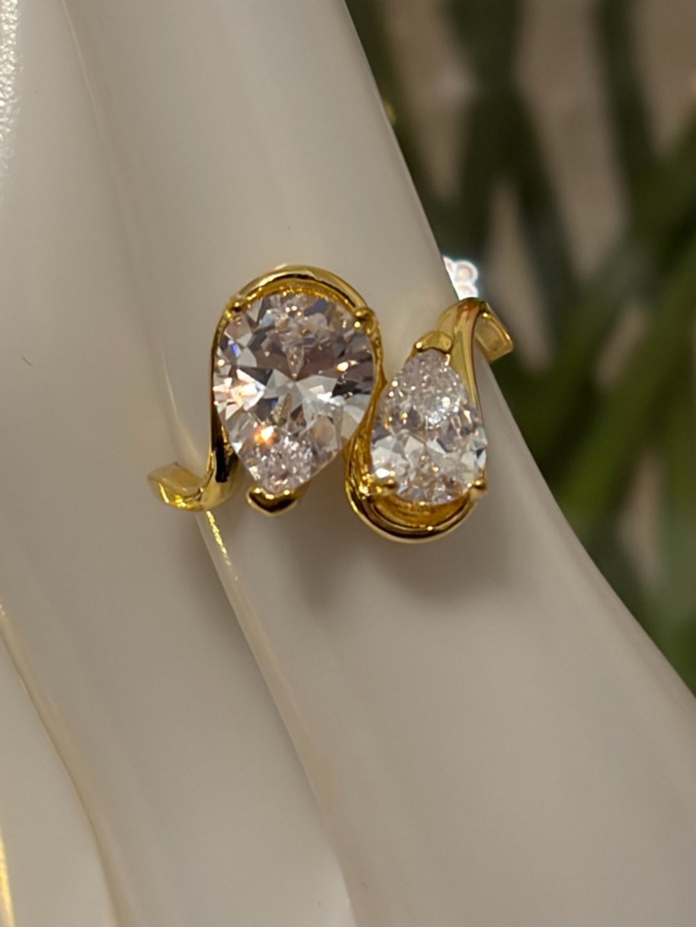 NEW 18K Gold Plated Pear Cut CZ Ring – Double Stone Statement Ring Size 7